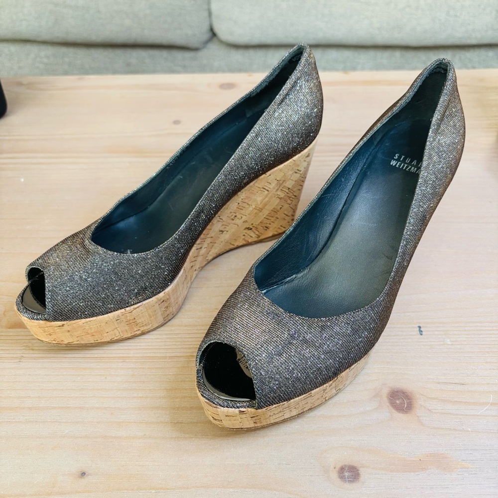 Stuart Weitzman Metallic Brown Wedge Peep-Toe Shoes Size 10 Cork Platform Heels
